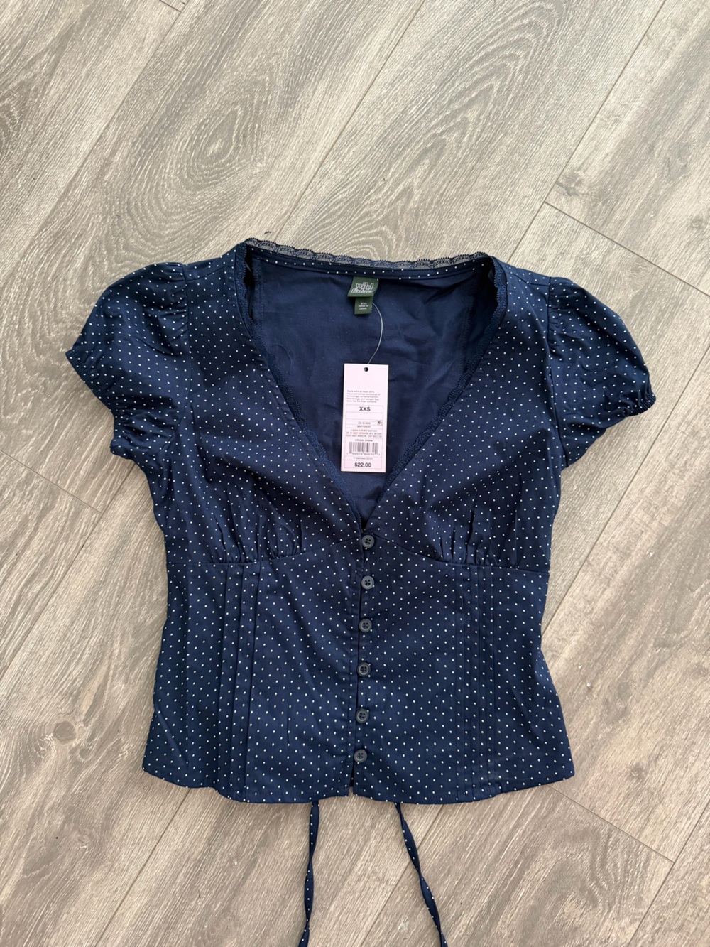 Polka Dot Navy NWT Short-Sleeve Lace Lined Shirt